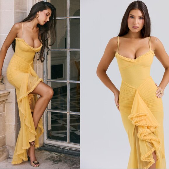 HOUSE OF CB 'Gabbi' Apricot Ruffled Front Gown NWOT - Picture 1 of 10